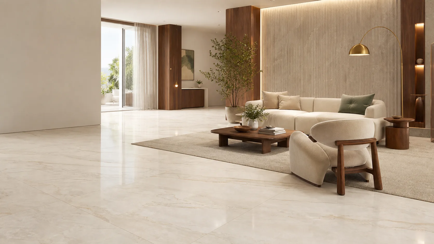 Premium living room with large-format marble-look tile flooring